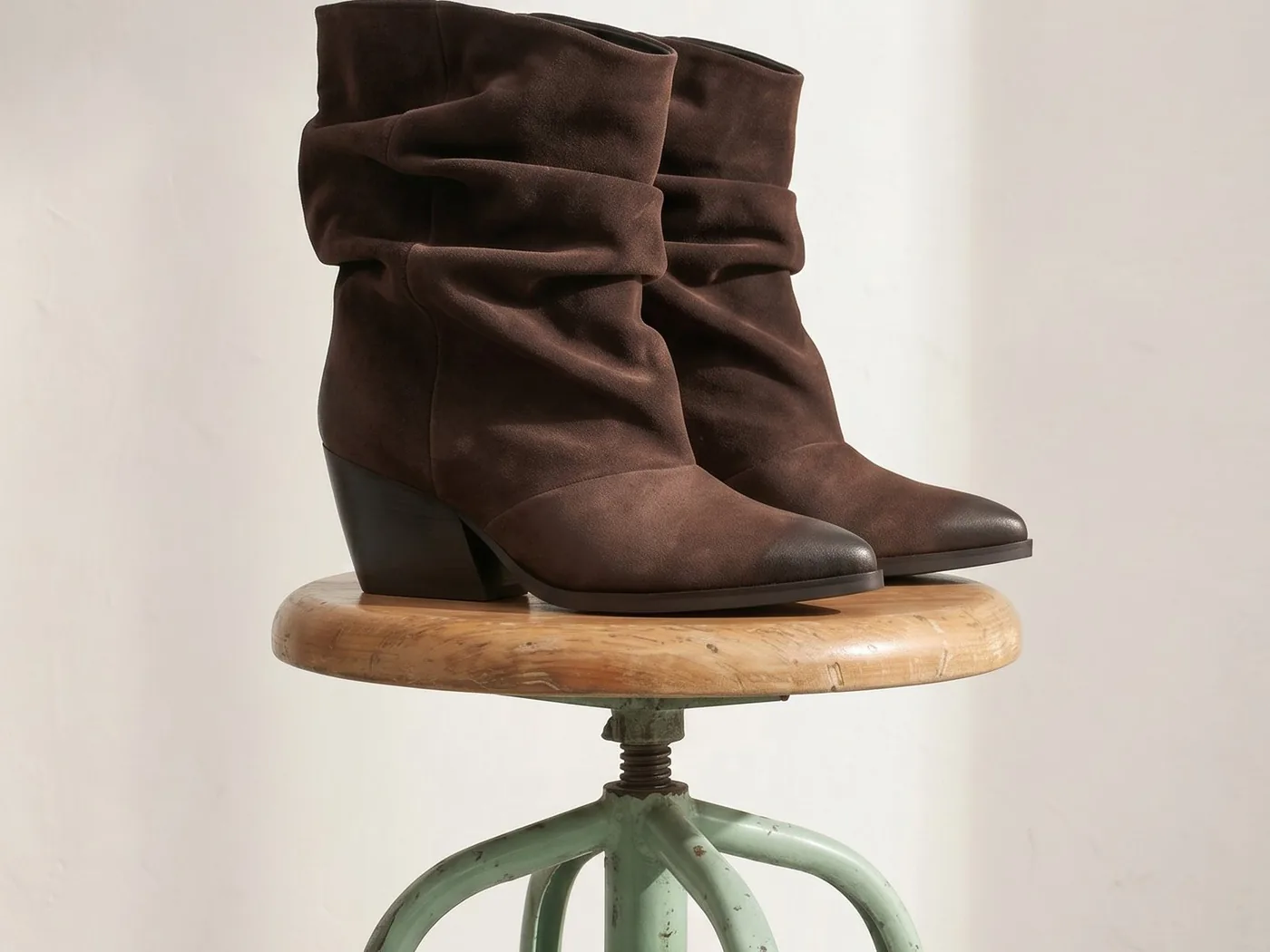 Pilar TDM – dunkelbraune Slouchy-Stiefelette aus Veloursleder von Apple of Eden auf einem Werkstatthocker
